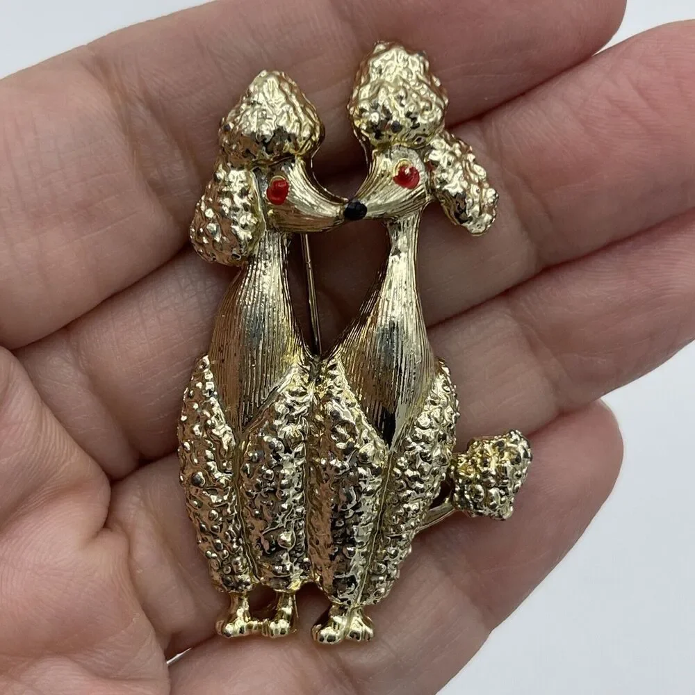 Vintage Gold Tone Nose Kissing Poodles Brooch